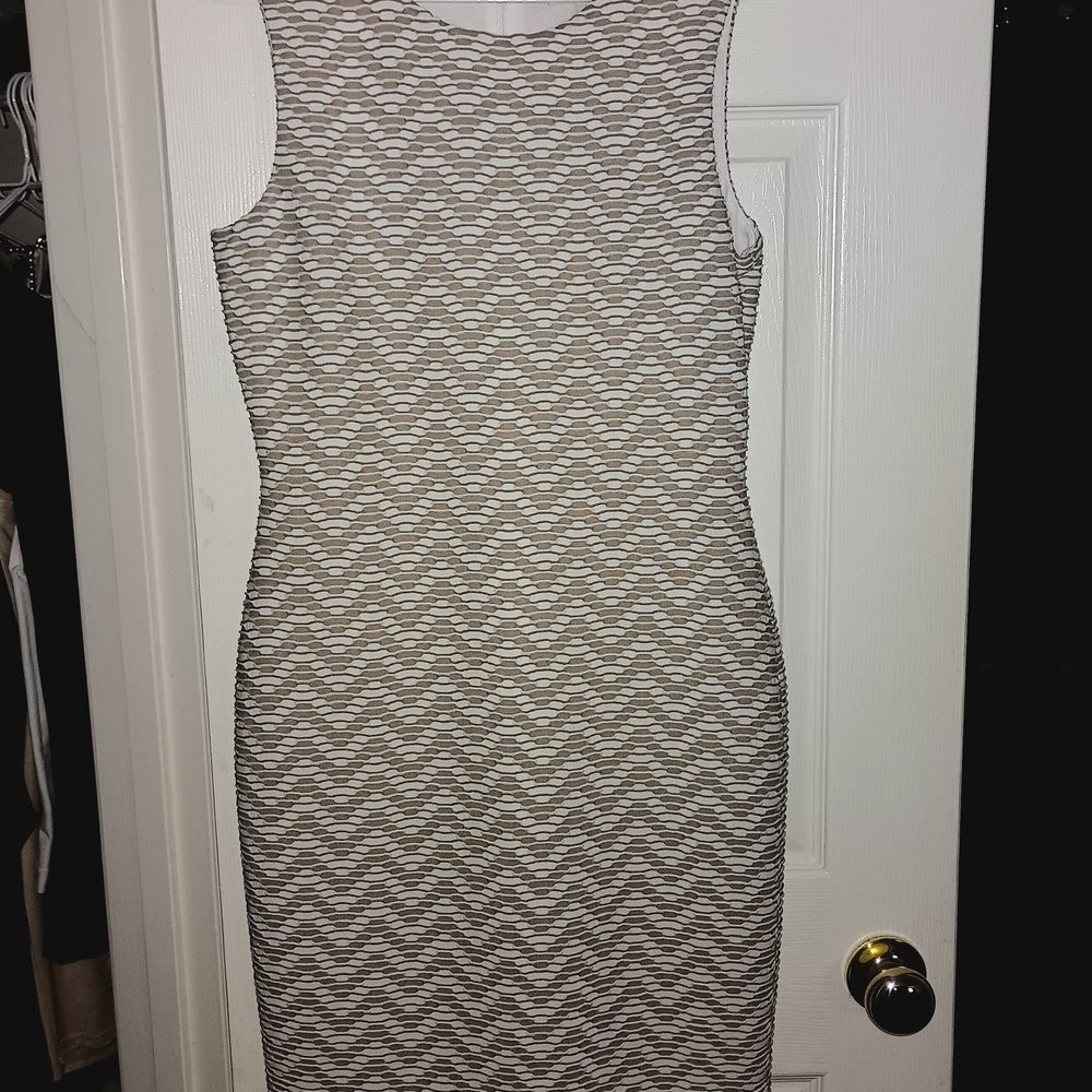 Dana Buchman Beige and White Wave-Pattern Midi Sheath Dress